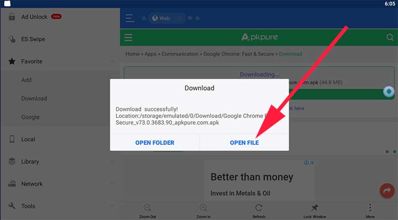 Cick open file to open chrome apk